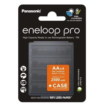 Panasonic Eneloop Pro AA 2500mAh 4BL įkraunamos baterijos 4 vnt. ir baterijų dėklas